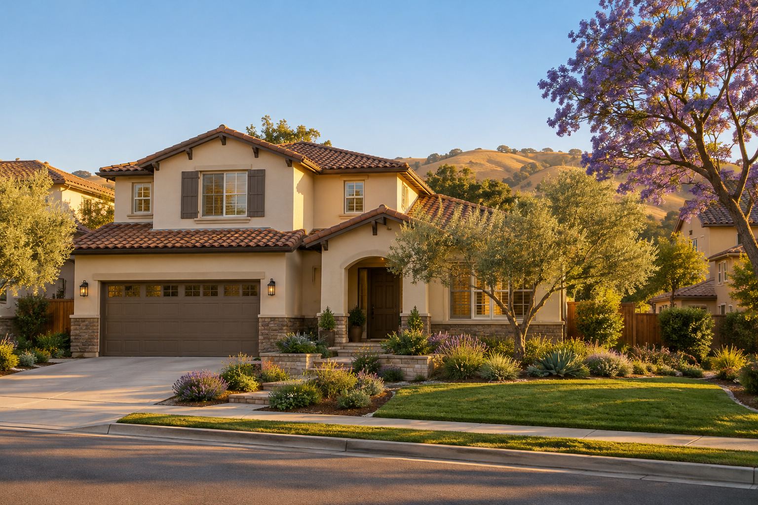 A stucco home with a tile roof and landscaped front yard in San Jose