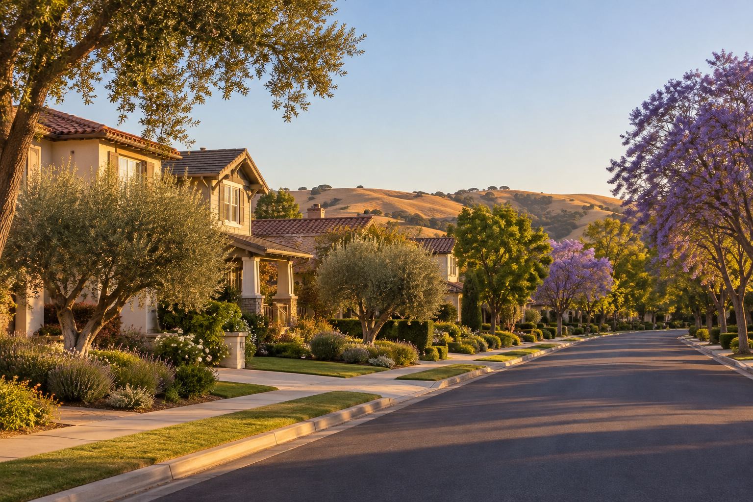 A residential street in the South Bay at sunset, illustrative