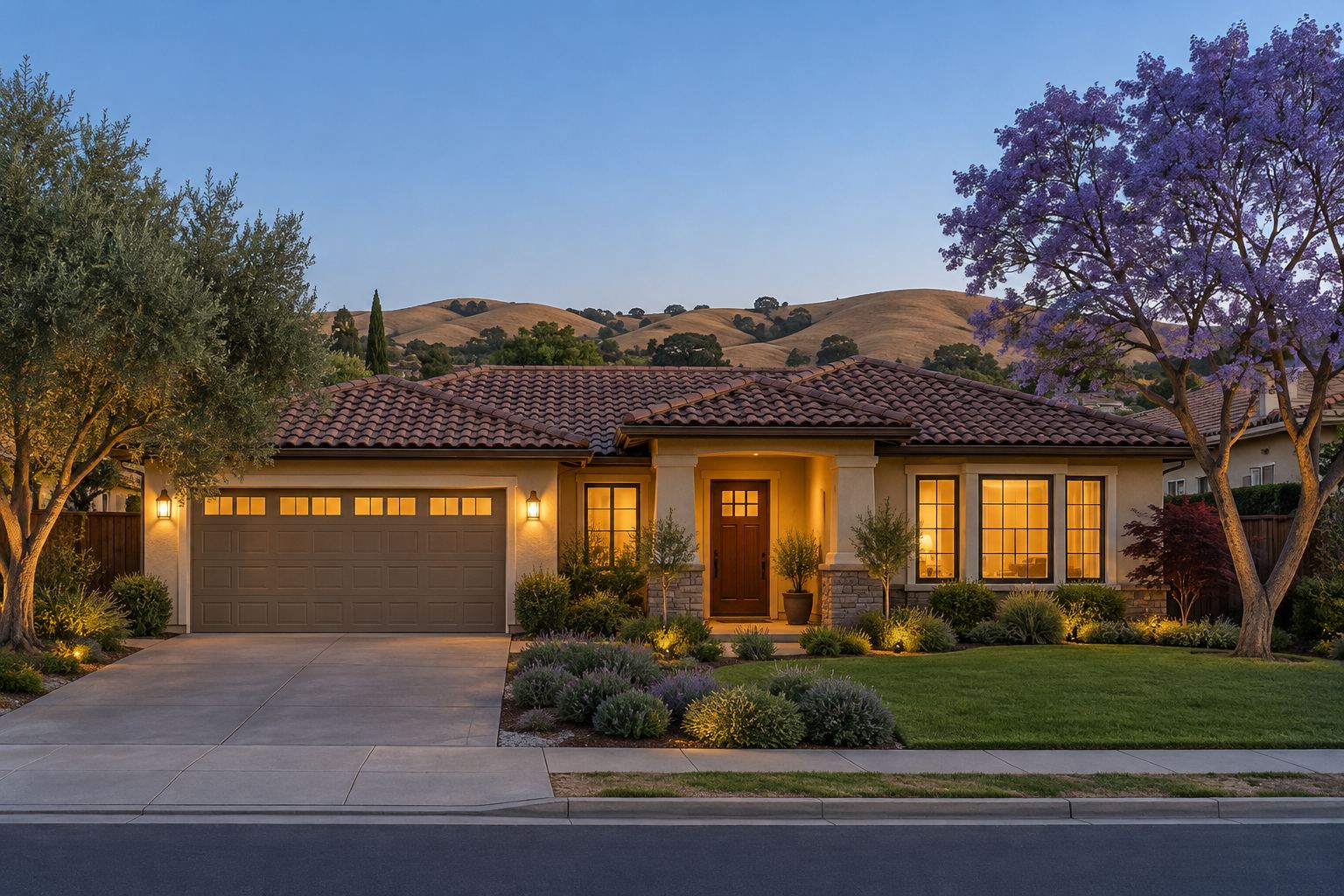 A South Bay home at dusk, illustrative